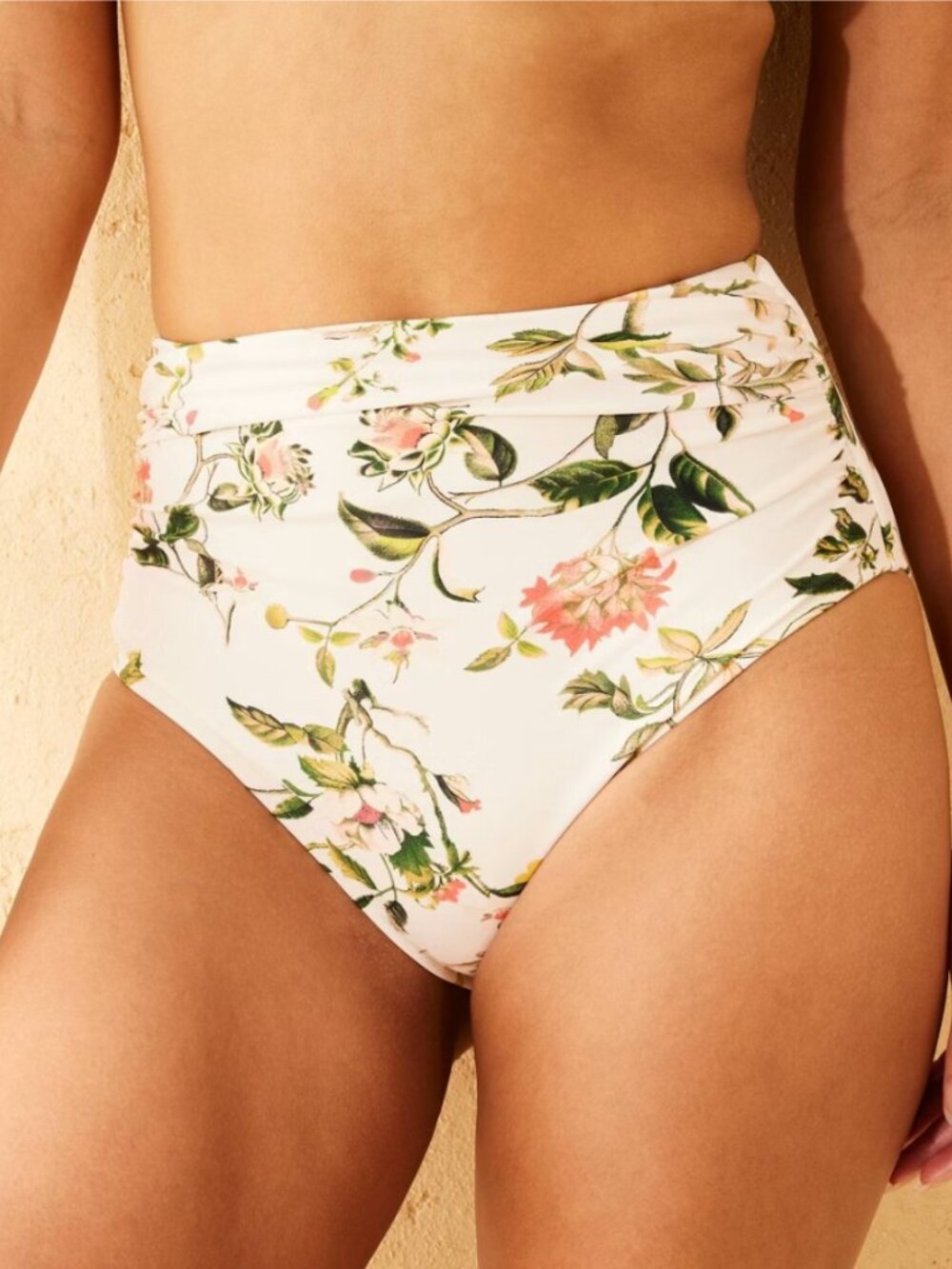 Shade Shore Womens Bikini Bottom High Waist Shirred Floral White Botanical